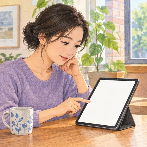 태블릿으로 사전 정보를 살펴보는 독자 (AI 설명용 삽화)