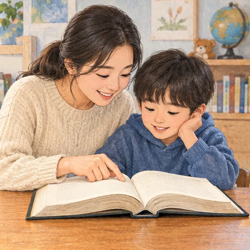 책을 함께 읽는 보호자와 어린이 (AI 설명용 삽화)