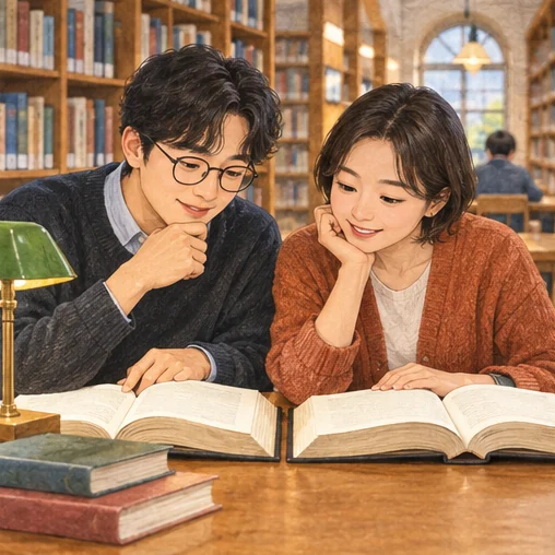 도서관에서 어휘 자료를 비교하는 학습자 (AI 설명용 삽화)