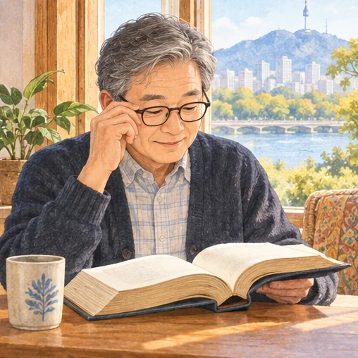안경을 쓰고 책을 읽는 고령자 (AI 설명용 삽화)