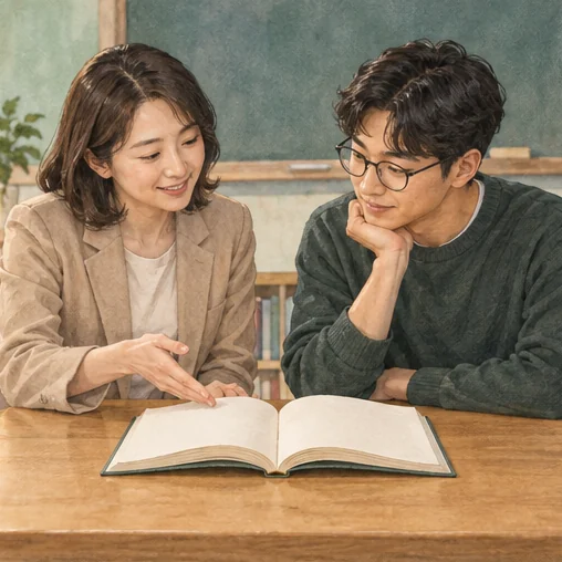 참고서를 함께 살펴보는 교사와 학습자 (AI 설명용 삽화)