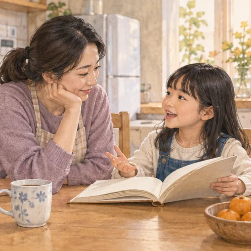 책에서 읽은 내용을 이야기하는 가족 (AI 설명용 삽화)