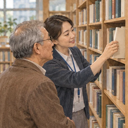 도서관의 참고 자료 안내를 받는 고령자 (AI 설명용 삽화)