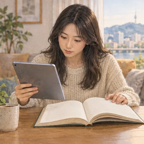 책과 디지털 자료를 비교하는 독자 (AI 설명용 삽화)