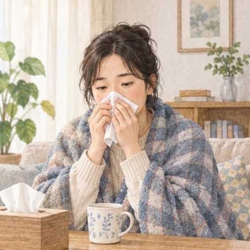 콧물과 불편함을 느끼며 집에서 쉬는 성인 (AI 설명용 삽화)