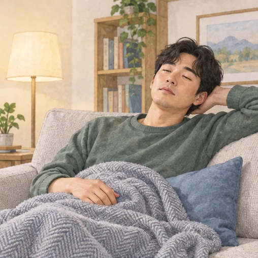 담요를 덮고 휴식하는 성인 (AI 설명용 삽화)