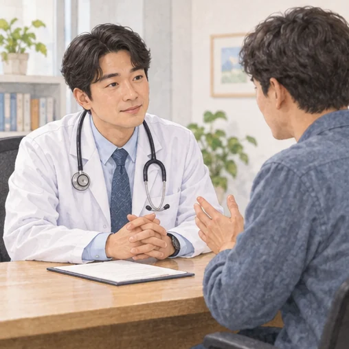 현재 증상을 의료진에게 설명하는 상담 (AI 설명용 삽화)