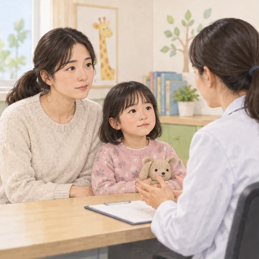 어린이의 최근 증상을 전달하는 보호자 (AI 설명용 삽화)