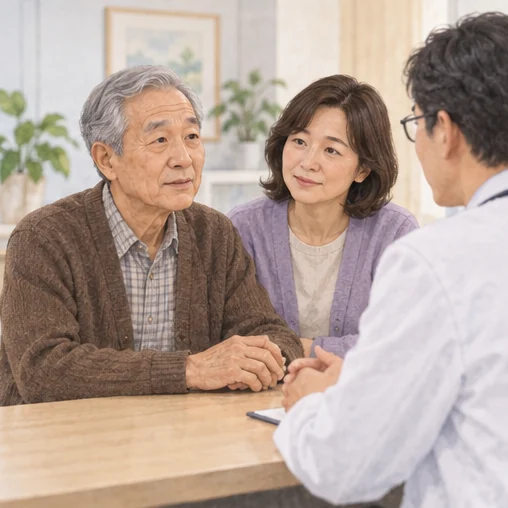 가족과 함께 진료 설명을 듣는 고령자 (AI 설명용 삽화)
