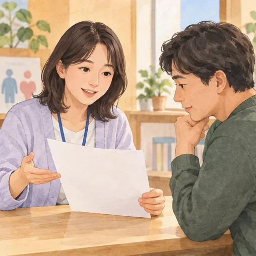 건강 용어의 설명을 듣는 성인 (AI 설명용 삽화)
