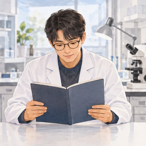 검사실 자료를 읽는 연구자 (AI 설명용 삽화)