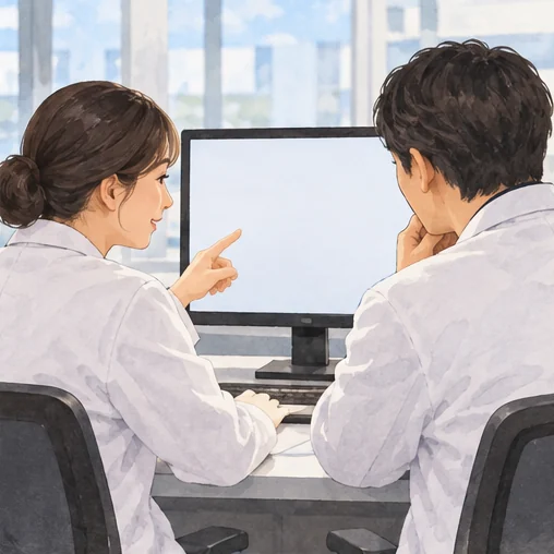 자료를 함께 살펴보는 검사실 직원 (AI 설명용 삽화)