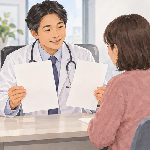 의료진에게 안내 자료의 뜻을 묻는 성인 (AI 설명용 삽화)