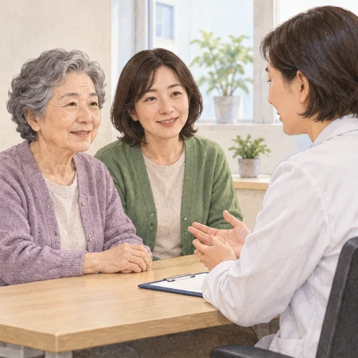 고령자와 보호자가 함께 참여하는 상담 (AI 설명용 삽화)