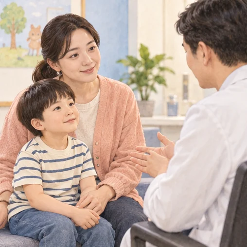 의료진의 설명을 듣는 보호자와 어린이 (AI 설명용 삽화)