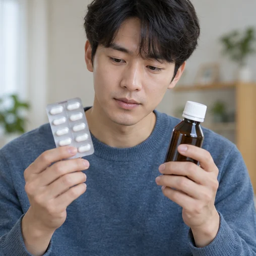 약의 제형을 살펴보는 모습을 표현한 장면 (AI 설명용 삽화)
