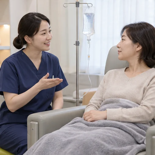 정맥 투여 치료를 의료진과 상담하는 모습을 표현한 장면 (AI 설명용 삽화)