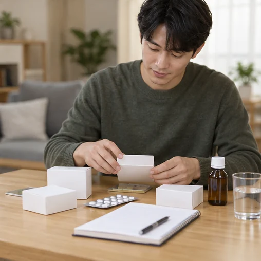 자신의 약과 상담 메모를 정리하는 모습 (AI 설명용 삽화)