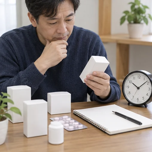 실제 약 포장을 보며 사용 안내를 점검하는 모습 (AI 설명용 삽화)