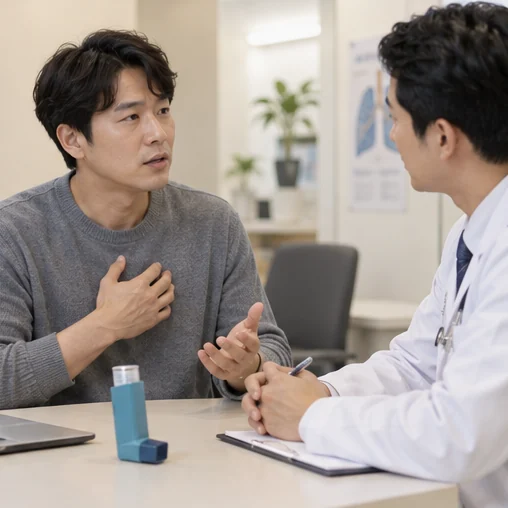 호흡기 질환 이력을 의료진에게 알리는 장면 (AI 설명용 삽화)