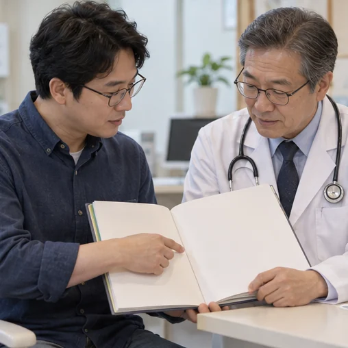 건강 기록을 보여주며 지병을 상담하는 모습 (AI 설명용 삽화)