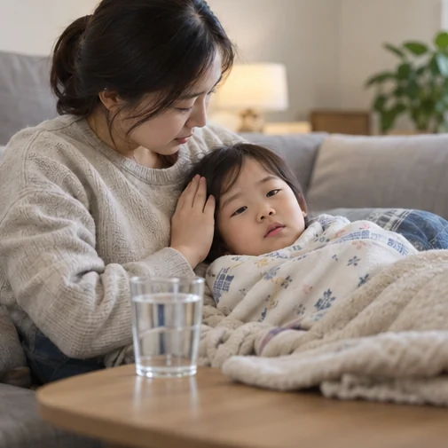 집에서 쉬는 아이의 상태를 보호자가 살피는 장면 (AI 설명용 삽화)