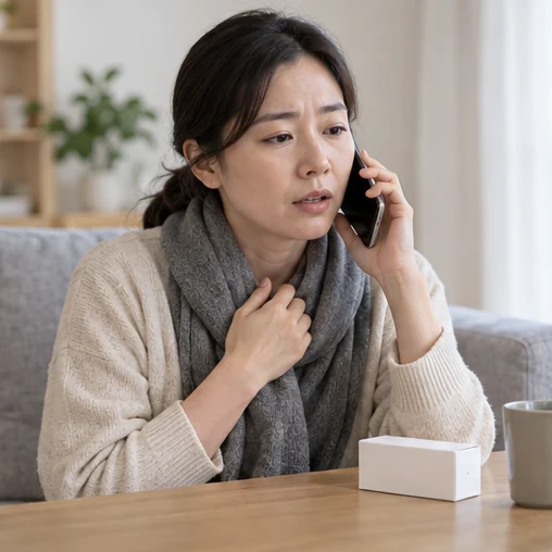 새로운 불편함에 대해 전화로 상담하는 장면 (AI 설명용 삽화)