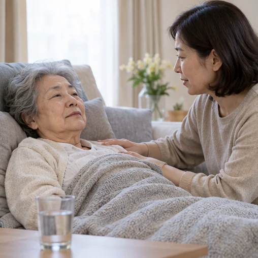 회복 중인 어르신의 상태를 보호자가 살피는 모습 (AI 설명용 삽화)