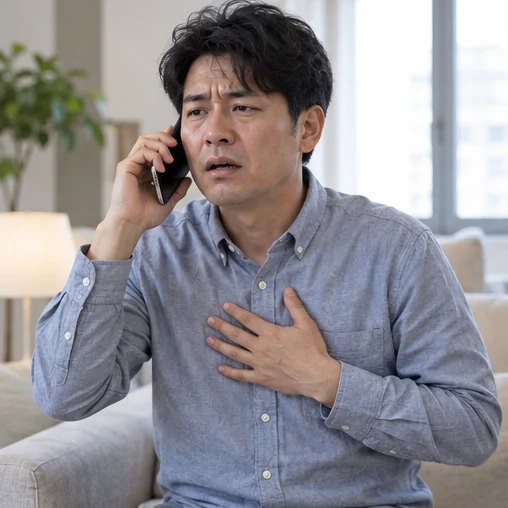 호흡 불편을 느껴 도움을 요청하는 모습을 표현한 장면 (AI 설명용 삽화)
