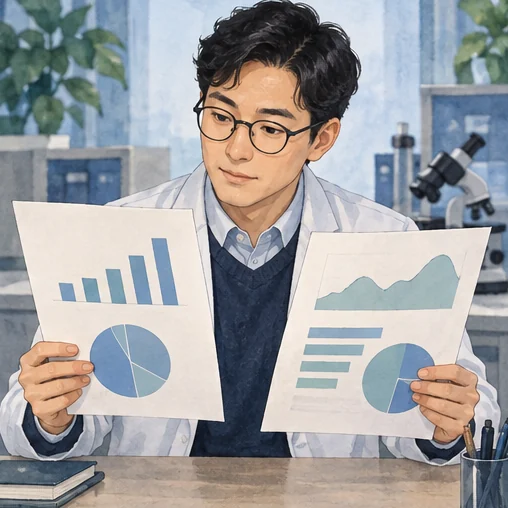 서로 다른 도표 자료를 비교하는 설명 장면. 실제 통계 그래프가 아닙니다. (AI 설명용 삽화)
