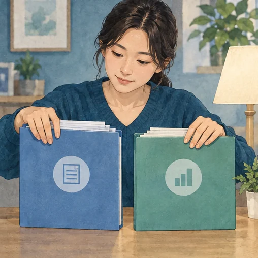 신고 자료와 추정 자료를 구분해 정리하는 장면. (AI 설명용 삽화)