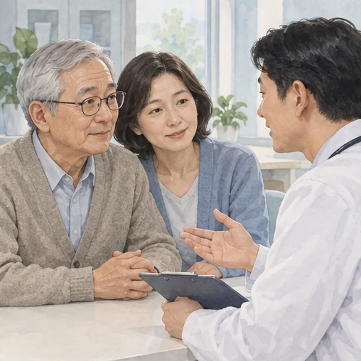 어르신과 가족이 건강 이력을 함께 설명하는 장면. (AI 설명용 삽화)