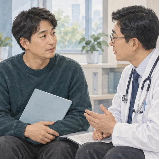 만성질환 관련 기록을 가지고 상담하는 장면. (AI 설명용 삽화)