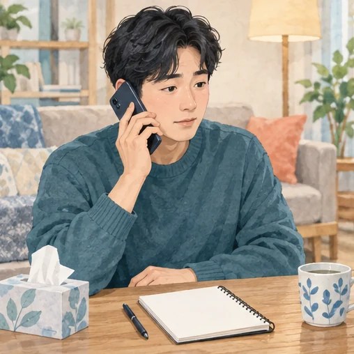 증상 시작 시점을 정리한 뒤 기관에 전화하는 장면. (AI 설명용 삽화)