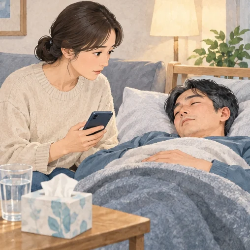 가족의 상태를 살피며 의료 도움을 준비하는 장면. (AI 설명용 삽화)