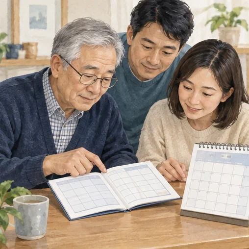 어르신의 접종 기록과 달력을 함께 확인하는 장면. (AI 설명용 삽화)