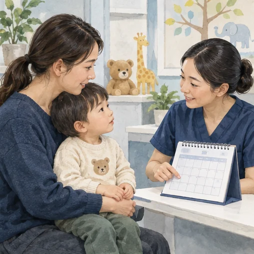 어린이의 다음 접종 일정을 문의하는 장면. (AI 설명용 삽화)