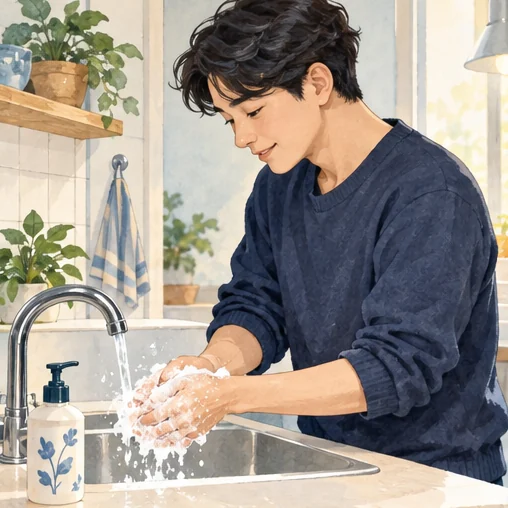 일상에서 비누로 손을 씻는 장면. (AI 설명용 삽화)