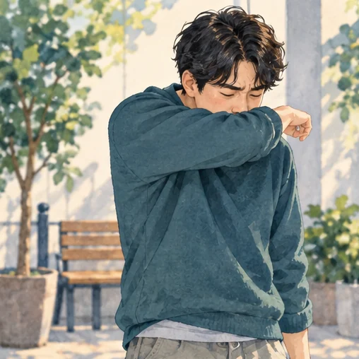기침할 때 옷소매로 입과 코를 가리는 장면. (AI 설명용 삽화)