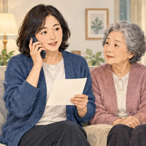 어르신의 상황을 정리해 의료 관련 문의를 하는 장면. (AI 설명용 삽화)