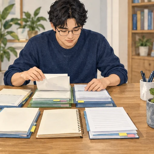의료 기록과 증상 경과를 차례로 정리하는 장면. (AI 설명용 삽화)