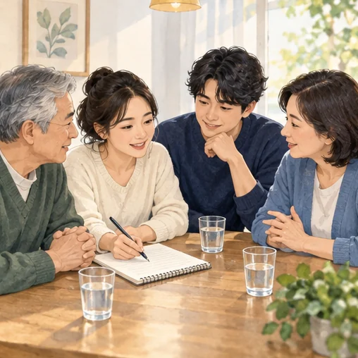 가족이 돌봄 계획을 함께 확인하는 장면. (AI 설명용 삽화)