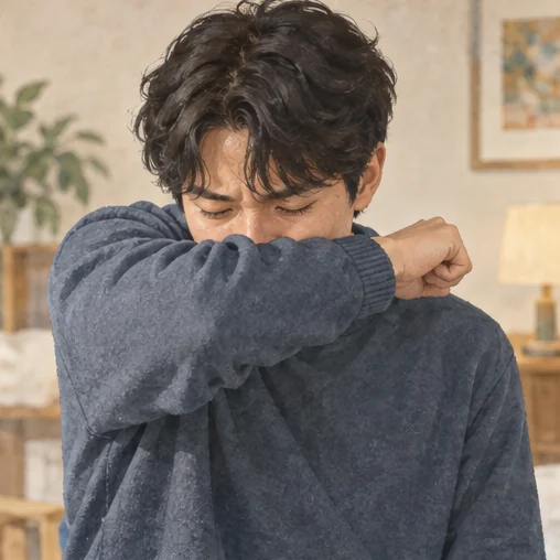 기침할 때 옷소매로 입과 코를 가립니다. (AI 설명용 삽화)