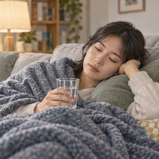 몸이 아프면 충분히 쉬고 주변과의 접촉을 줄입니다. (AI 설명용 삽화)