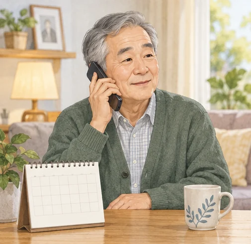 어르신의 접종 가능 날짜와 기관을 확인합니다. (AI 설명용 삽화)