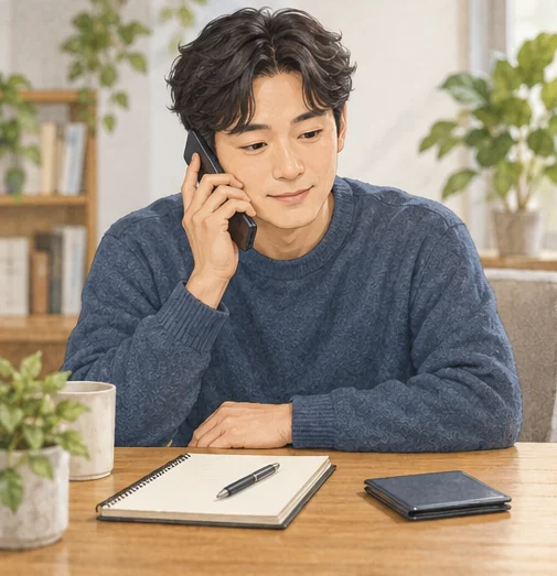 방문 전 기관에 전화로 접종 가능 여부를 문의합니다. (AI 설명용 삽화)