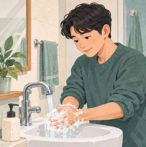 흐르는 물과 비누로 손을 씻는 일상 속 모습 (AI 설명용 삽화)