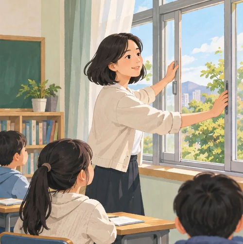 교실의 공기를 바꾸기 위해 창문을 여는 교사 (AI 설명용 삽화)