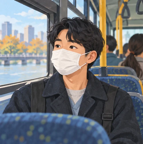 코와 입을 덮는 마스크를 착용한 통학·출근길의 예시 (AI 설명용 삽화)