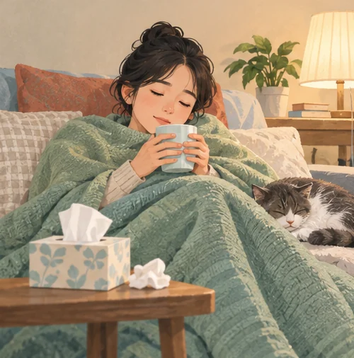 몸이 좋지 않은 날 집에서 쉬는 모습 (AI 설명용 삽화)